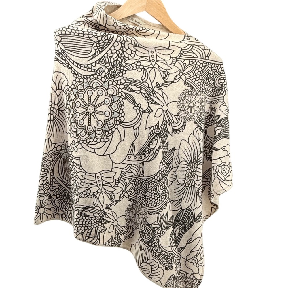 La‎ Fiorentina Poncho Wrap Shawl Beige Black Floral Sequin Embellished OS